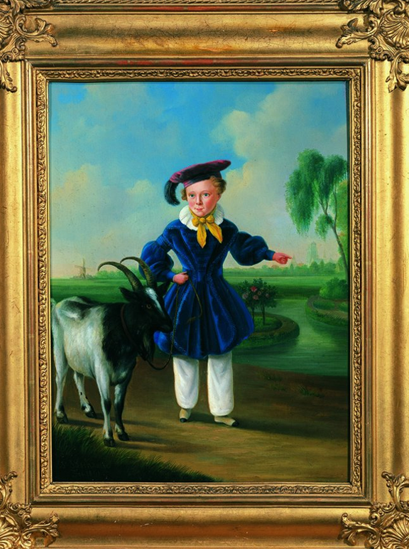 Een jongetje staat naast een geit in een landschap. Hij draagt een kostuum met muts. Het schilderij heeft een gouden lijst.