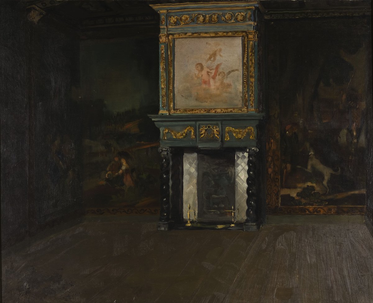 Schilderij interieur met schoorsteenpartij en goudleer aan de Wolwevershaven, onderdeel van Collectie Huis Van Gijn. Schilderij interieur met schoorsteenpartij en goudleer aan de Wolwevershaven, onderdeel van Collectie Huis Van Gijn.