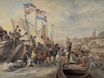 Een prent als onderdeel van Atlas Van Gijn in collectie Huis Van Gijn. De Landing van erfprins Willem Frederik bij Scheveningen.