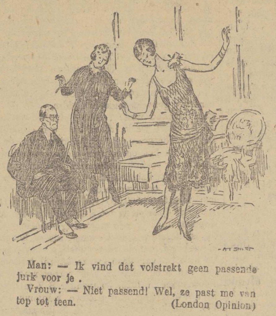 “ Man: Ik don’t think this is a fitting dress for you to wear. Woman: Not fitting! It fits met perfectly.”