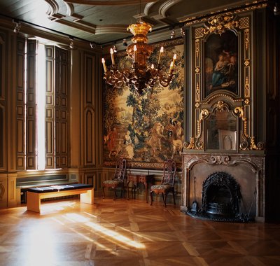 Zaal met houten vloer waarvan de muren zijn bedekt met wandtapijt. Er is een schouw en licht schijnt door het raam.