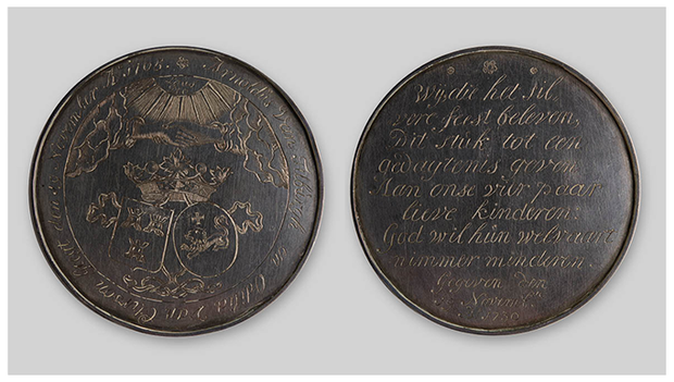 Huwelijkspenning van Arnoldus van Tilburgh en Odilia van Eterson. De penning is onderdeel van de collectie van museum Huis Van Gijn.