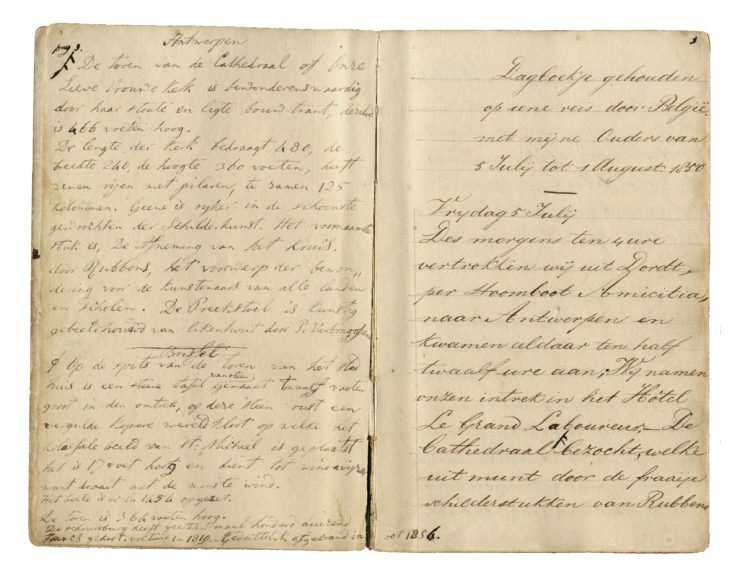 Een handgeschreven reisverslag  in een schrift, van Simon van Gijn op een van zijn reizen.
