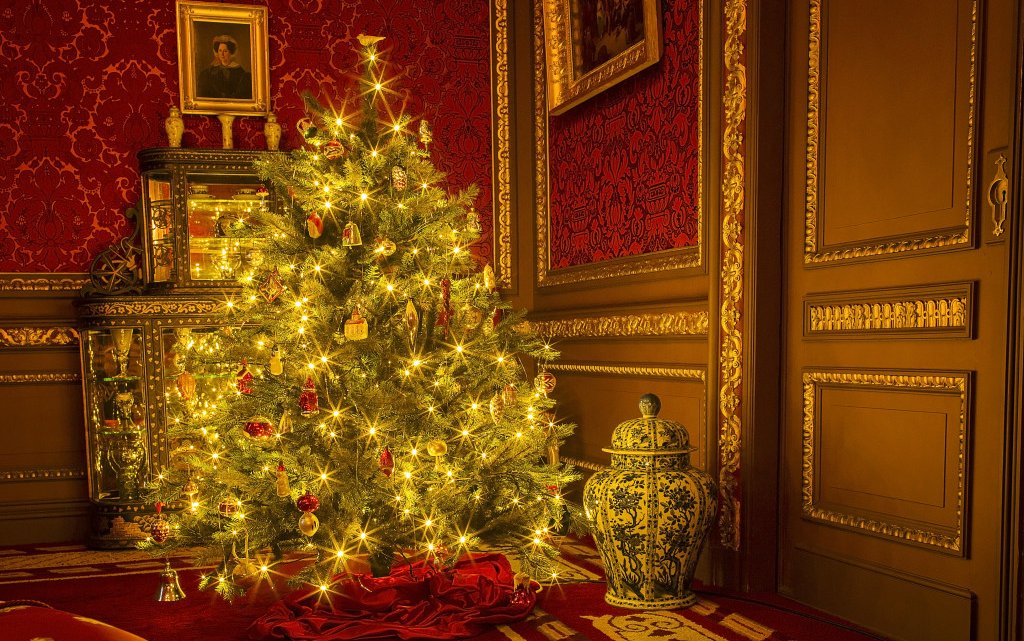 Een stralend verlichte kerstboom staat in een hoek van de kamer die behangen is met rood velours. Ernaast staat een vaas.