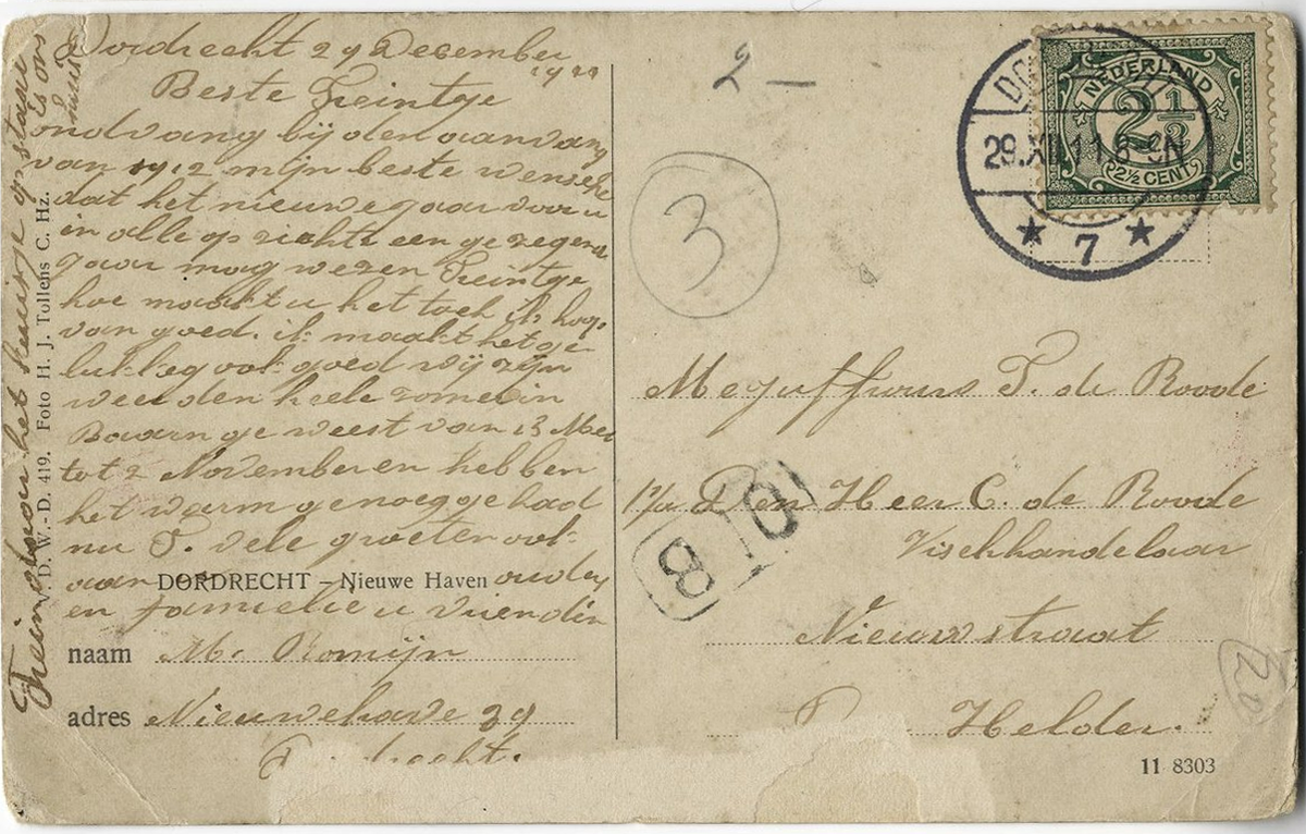 Handgeschreven briefkaart van dienstbode Marigje Romijn aan Treintje de Roode, 1911 - ca. 1911