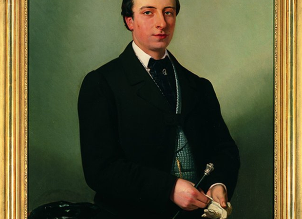 Op dit portret in gouden lijst staat Simon voor een tafeltje met een rood kleed. Er ligt een witte handschoen op, de andere heeft hij in zijn hand.