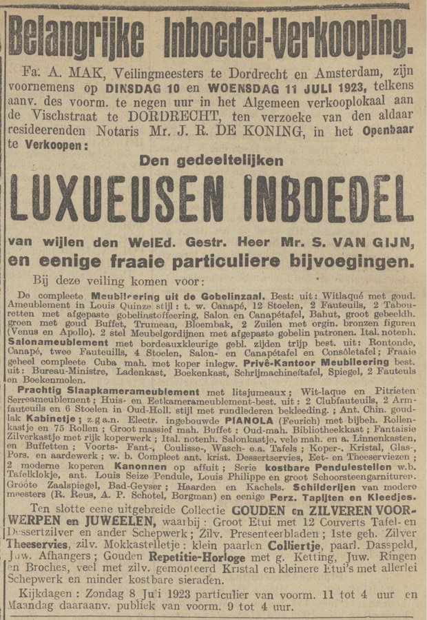 Advertentie van de veiling van de inboedel van Van Gijn in  De Dordrechtsche Courant van  30 juni 1923
