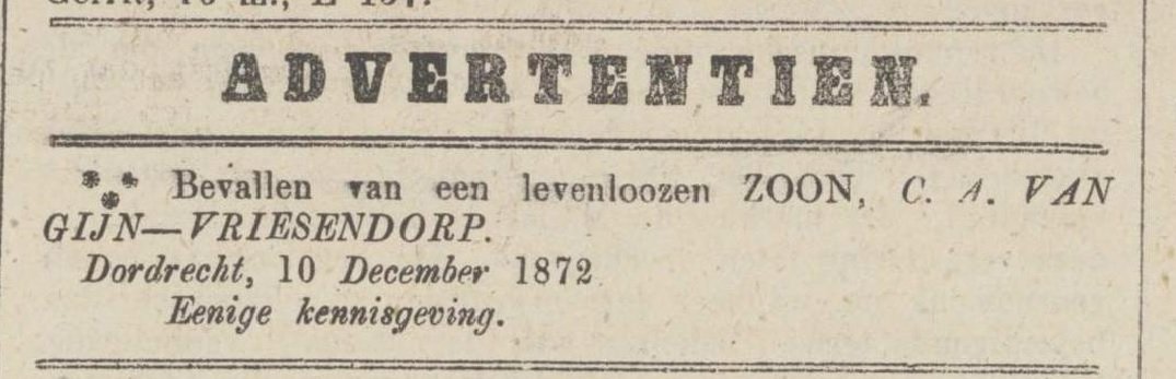 Advertentie De Dordrechtsche Courant. Het kindje van Van Gijn wordt begraven op de Algemene Begraafplaats (Essenhof) in het familiegraf.